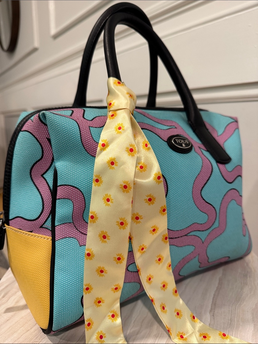 TOUS Bag Celeste Aqua Blue & Pink Patterned Satchel Bag